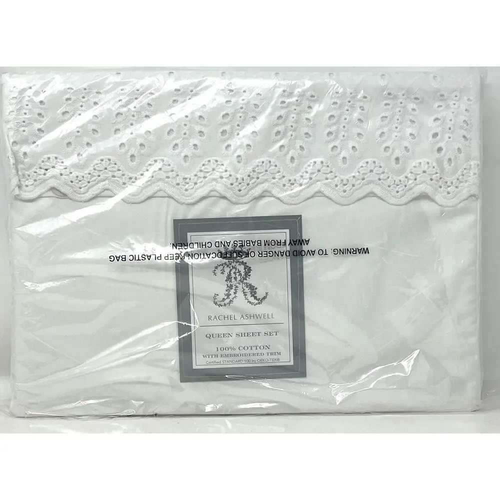 Rachel Ashwell Embroidered Eyelet Hem QUEEN Sheet Set White All Cotton NIP